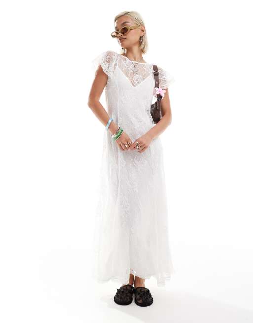 Reclaimed Vintage - Vestito lungo in pizzo bianco con sottoveste