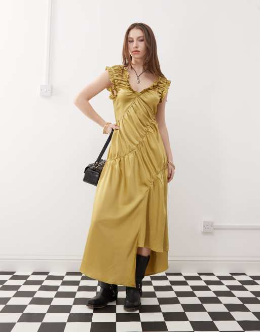 Reclaimed Vintage - Vestito lungo verde con dettaglio arricciato