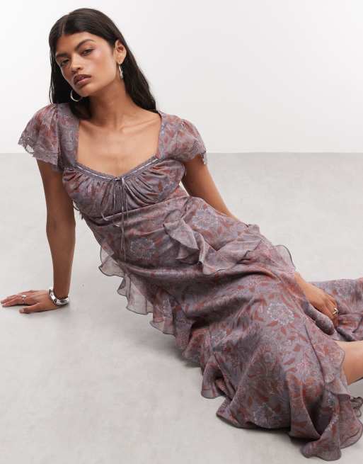 Reclaimed Vintage vestito maxi con volant godet e spacchi con stampa floreale malva