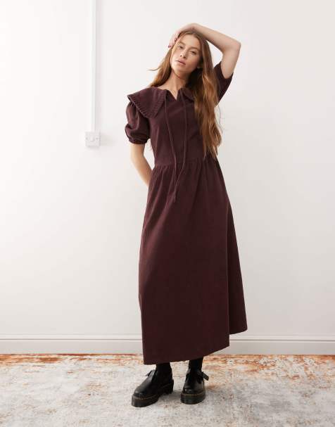 Reclaimed Vintage - Vestito midi color prugna con colletto a coste - view 1