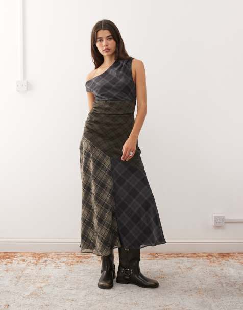 Reclaimed Vintage - Vestito midi con spalle scoperte, spacchi laterali e motivo a quadri diviso - view 1