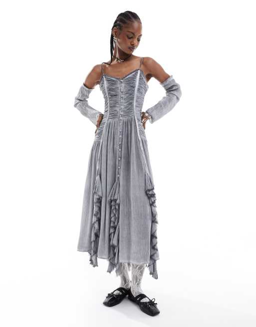 Reclaimed Vintage - Vestito midi con volant e maniche rimovibili