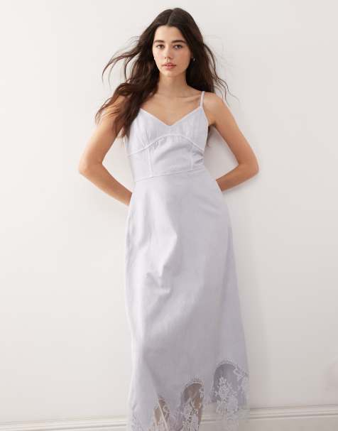 Reclaimed Vintage - Vestito midi in denim con inserto in pizzo e spalline sottili blu lavaggio chiaro - view 1