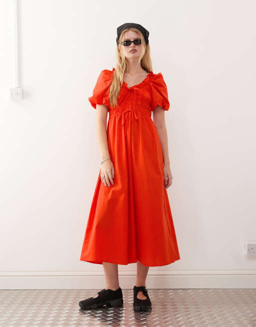 Reclaimed Vintage - Vestito midi rosso con maniche a palloncino e vita arricciata