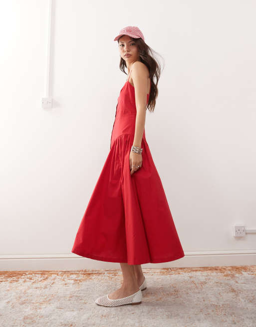 Reclaimed Vintage - Vestito midi rosso con vita scesa