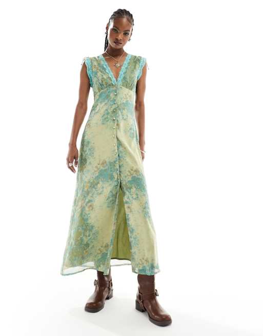Reclaimed Vintage - Vestito midi verde a fiori con dettagli in pizzo