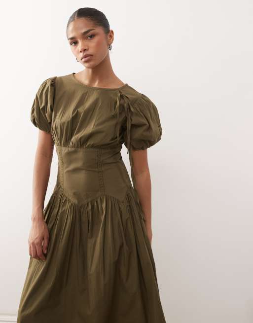 Reclaimed Vintage - Vestito midi verde con maniche a sbuffo e allacciatura sul davanti, 4 di 4