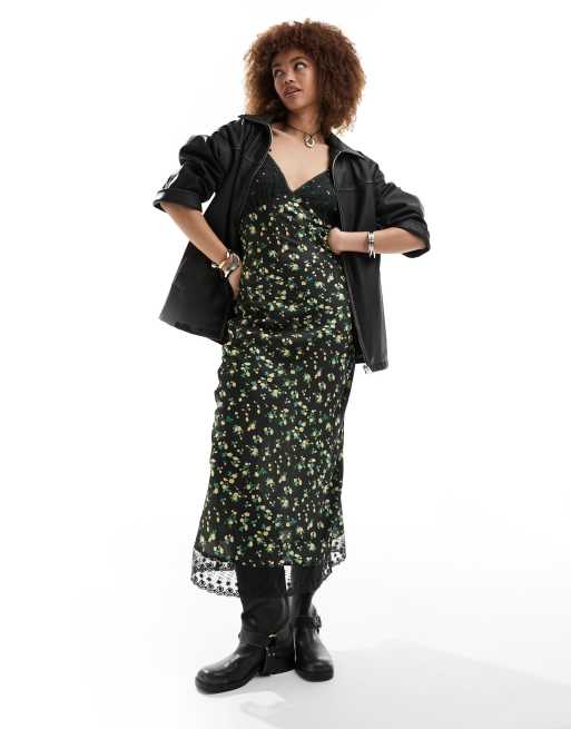 Reclaimed Vintage - Vestito sottoveste nero a fiori con inserti in pizzo