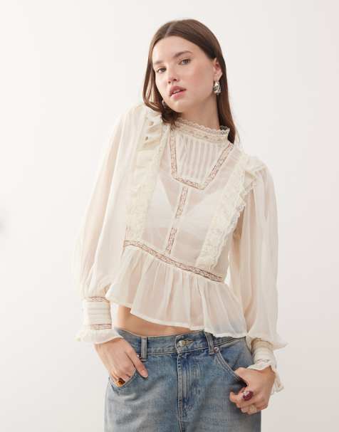 Reclaimed Vintage sheer tea top with pintucks and high neck in off white