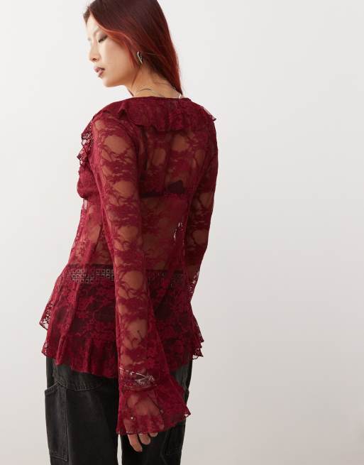 Reclaimed Vintage – Vinröd, långärmad topp i spets, 3 av 4
