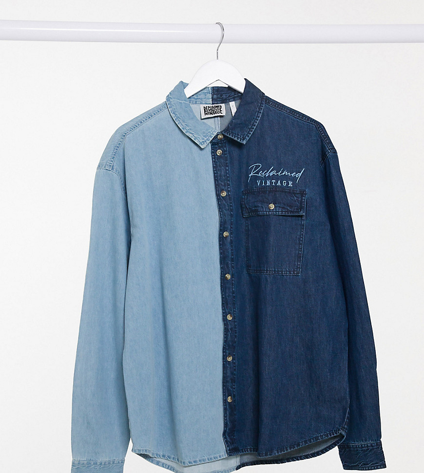 Reclaimed Vintage – Vintageinspirerad jeansskjorta i unisex-modell med tvådelad design-Flerfärgad