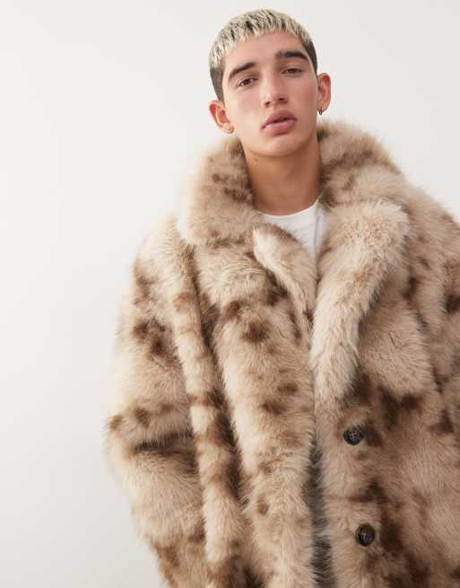 Reclaimed Vintage – Vit, leopardmönstrad maxikappa unisex-modell av fuskpäls, 4 av 4