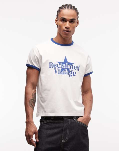 Reclaimed Vintage – Vit och marinblå t-shirt med kantrand och stjärntryck - view 1