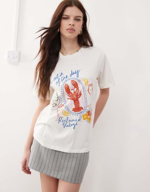 Reclaimed Vintage – Vit t-shirt i oversize med hummermiddags-tryck