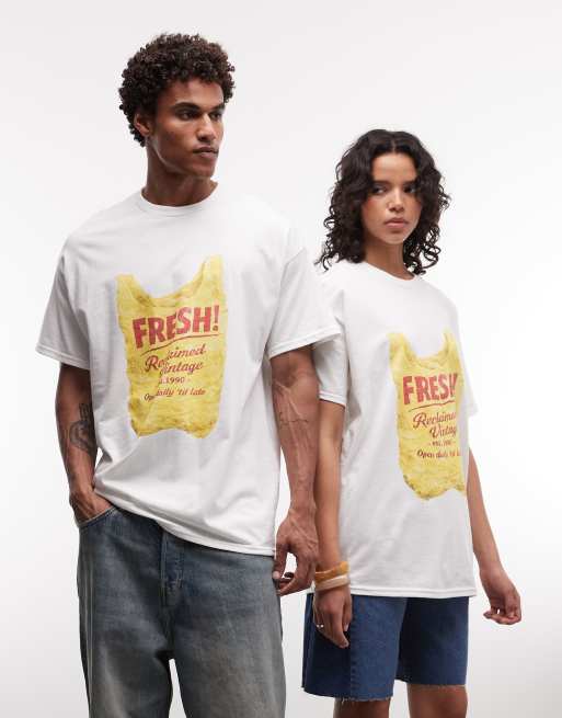 Reclaimed Vintage – Vit t-shirt i oversize och unisex-modell med Fresh-tryck, 1 av 4