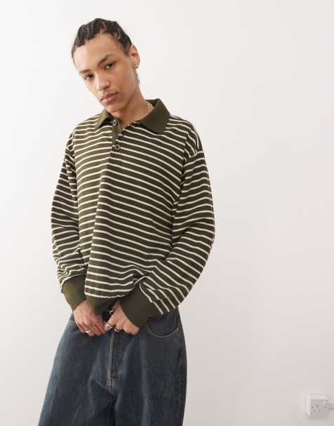 Reclaimed Vintage waffle polo rugby shirt in green stripe - view 1