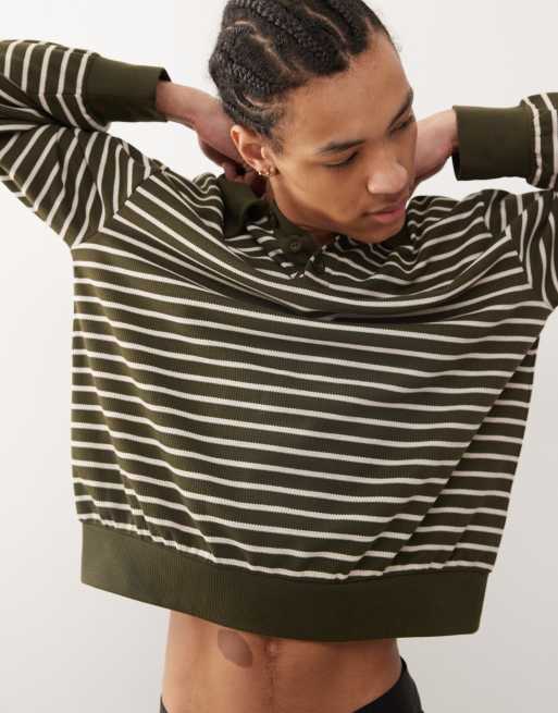 Reclaimed Vintage waffle polo rugby shirt in green stripe, 2 of 4