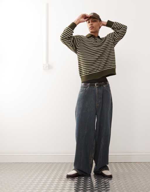 Reclaimed Vintage waffle polo rugby shirt in green stripe, 3 of 4