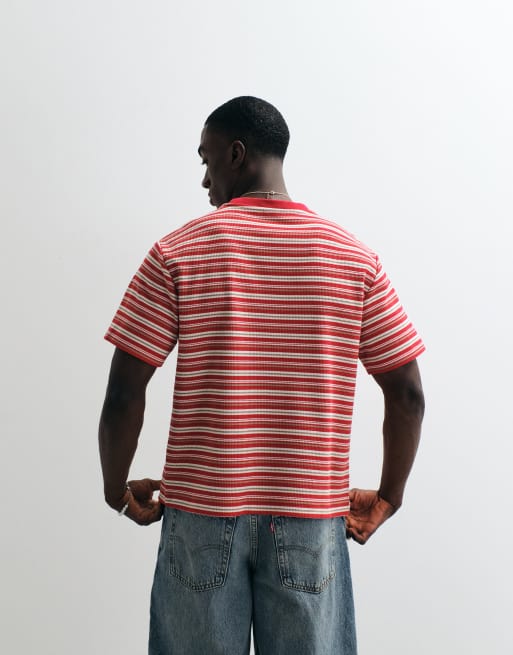 Reclaimed Vintage waffle short sleeve t-shirt in red stripe, 3 of 5