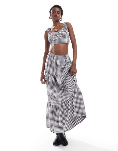 Reclaimed Vintage – Warstwowa spódnica maxi w czarną kratkę vichy, część zestawu - view 1