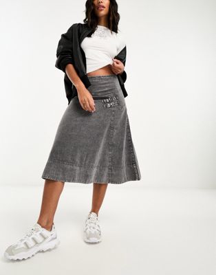 wash twill skirt with buckle detail-Blue