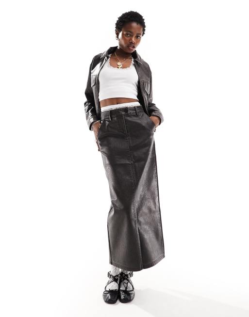 Black faux leather top midi skirt asos