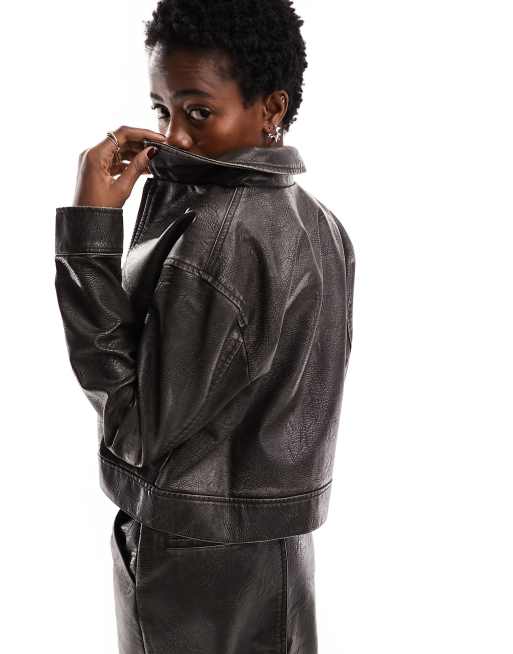 Reclaimed Vintage washed leather look crop jacket in black ASOS