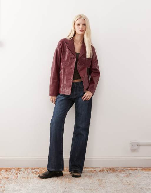 Reclaimed Vintage washed leather look slimmer fit blazer in burgundy, 2 of 4