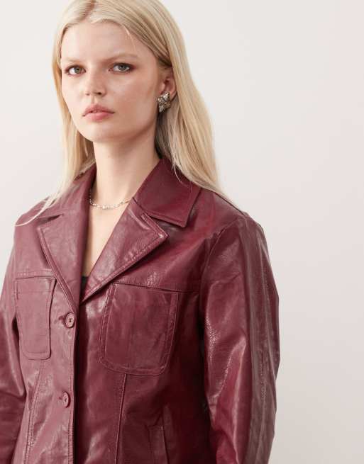 Reclaimed Vintage washed leather look slimmer fit blazer in burgundy, 3 of 4