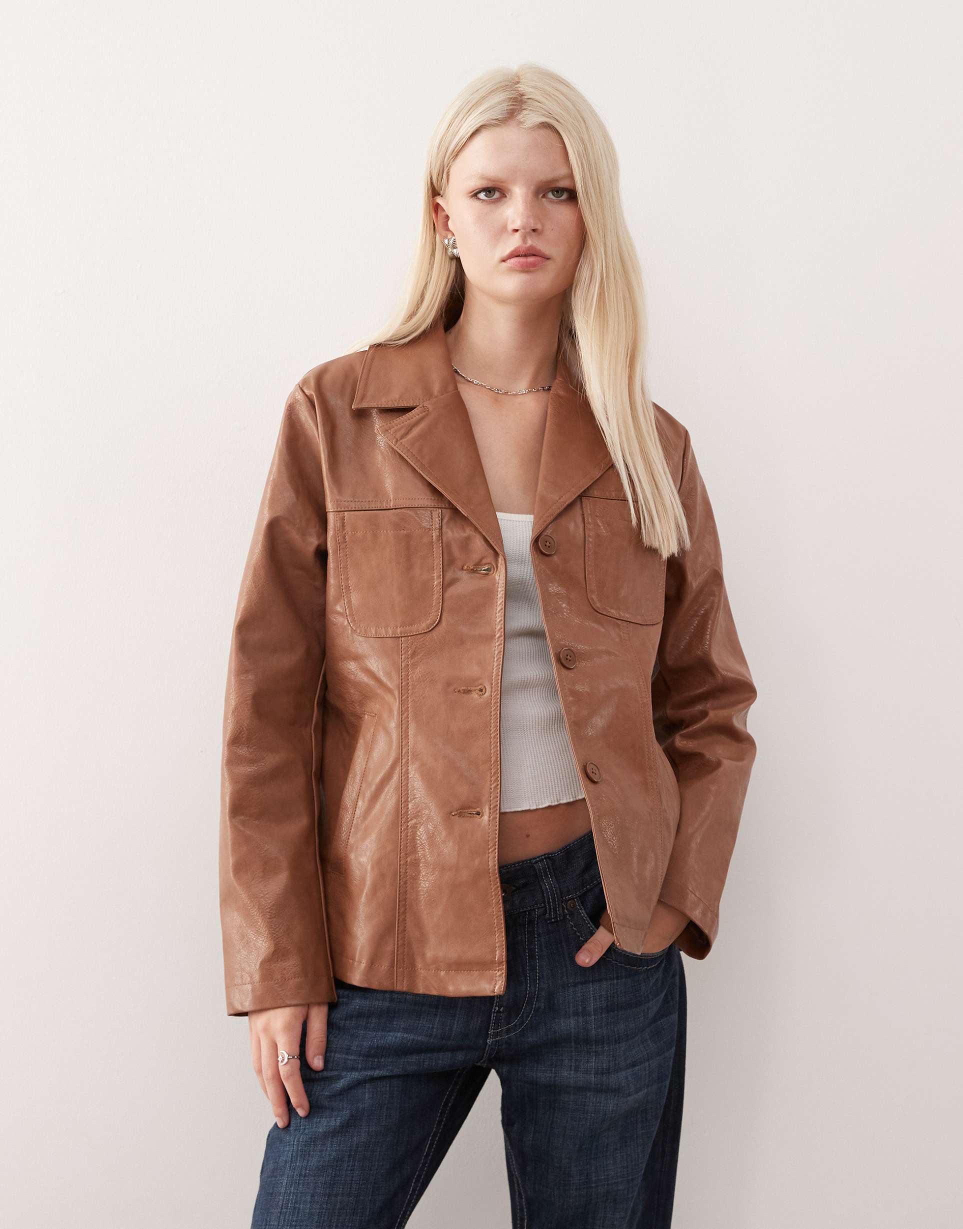 reclaimed vintage washed leather look slimmer fit blazer in tan