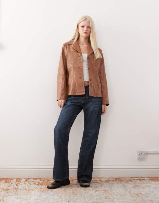 Reclaimed Vintage washed leather look slimmer fit blazer in tan, 2 of 4