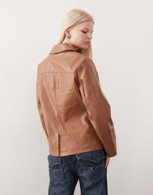 Reclaimed Vintage washed leather look slimmer fit blazer in tan, 3 of 4