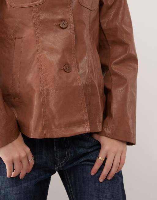 Reclaimed Vintage washed leather look slimmer fit blazer in tan, 4 of 4