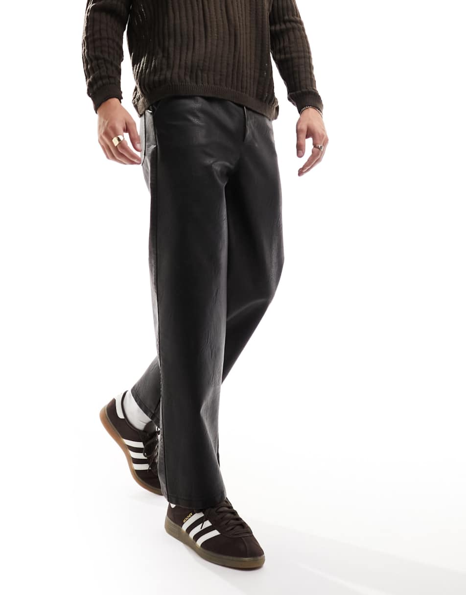 Reclaimed Vintage washed leather look straight leg trousers in black