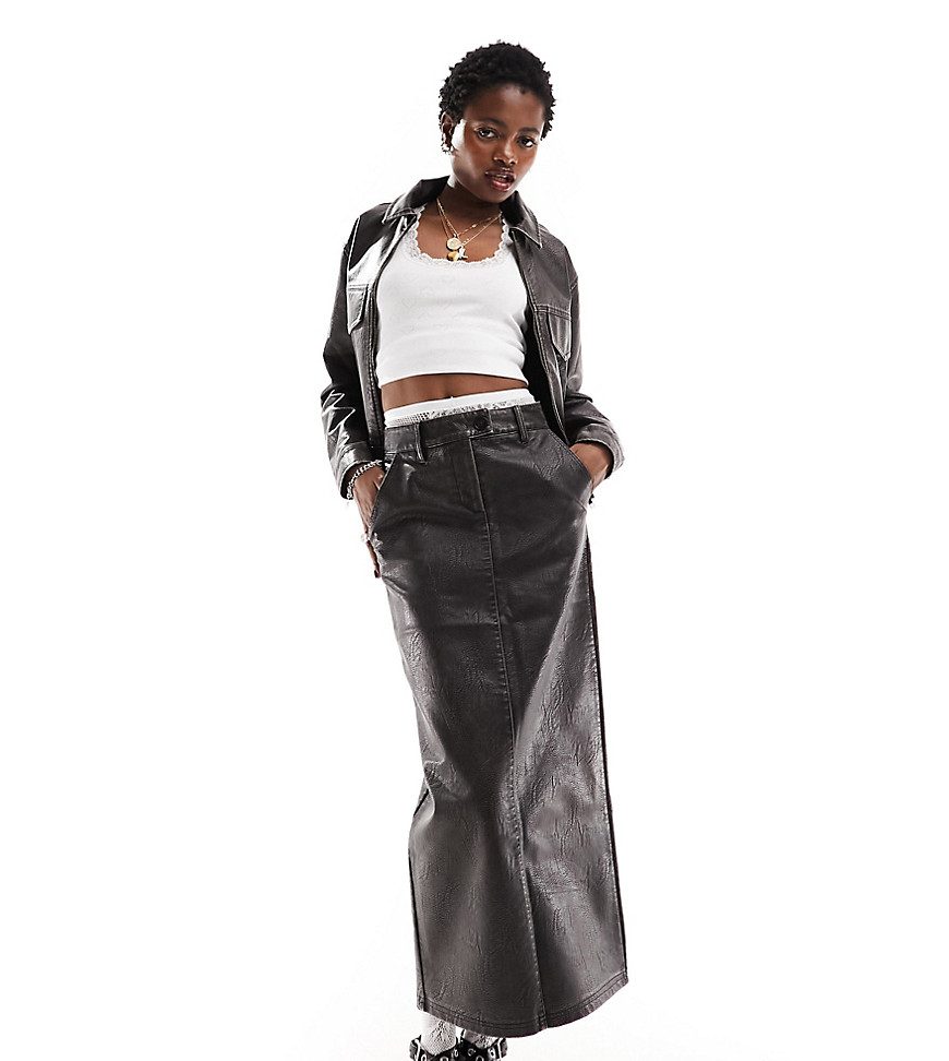 Reclaimed Vintage Washed Leather Midi Skirt-black