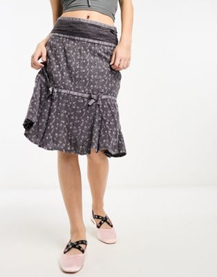 washed midi skirt with ribbon and bow detail-Gray