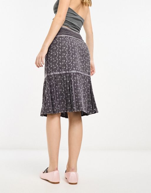 Reclaimed Vintage washed midi skirt with ribbon and bow detail