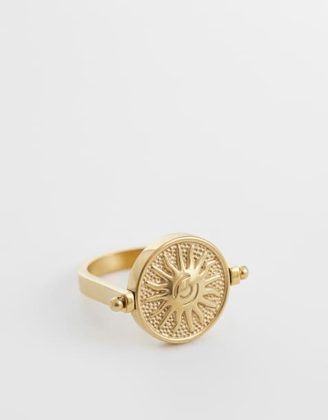 Reclaimed Vintage waterproof stainless steel flip ring with sun detail in gold tone - view 1