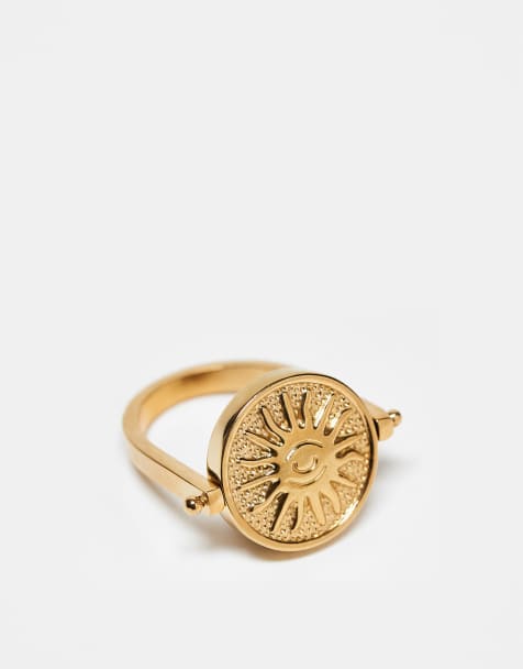 Reclaimed Vintage waterproof stainless steel flip ring with sun detail in gold - view 1