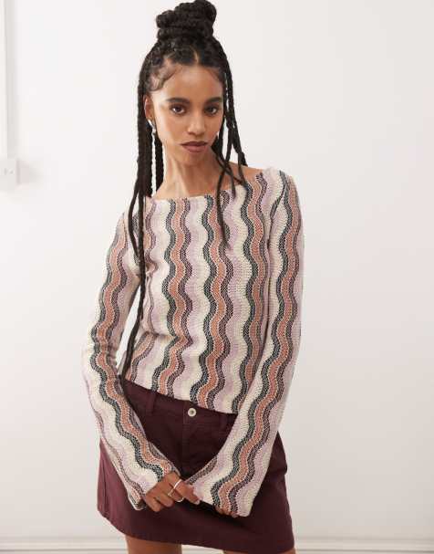 Reclaimed Vintage wavy crochet flare sleeve slash neck top in stripe - view 1