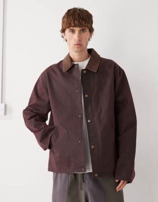 Reclaimed Vintage wax jacket with contrast cord collar in burgundy-Red