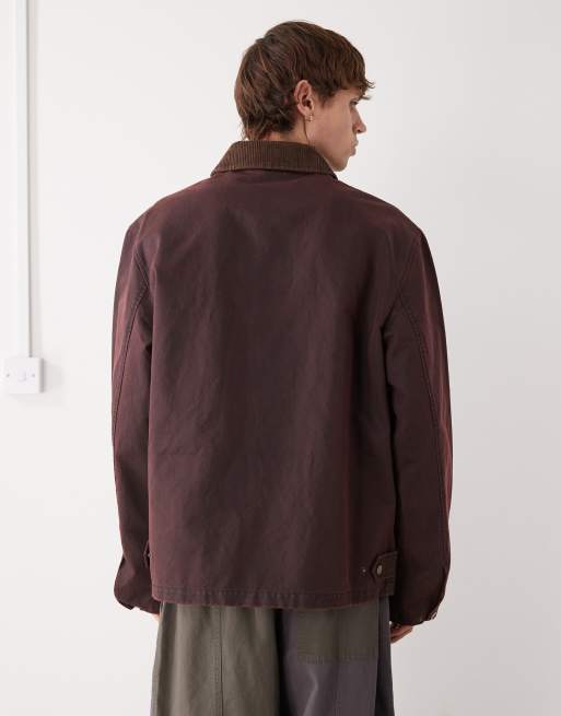 Reclaimed Vintage wax jacket with contrast cord collar in burgundy