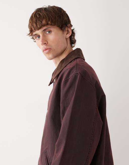 Reclaimed Vintage wax jacket with contrast cord collar in burgundy