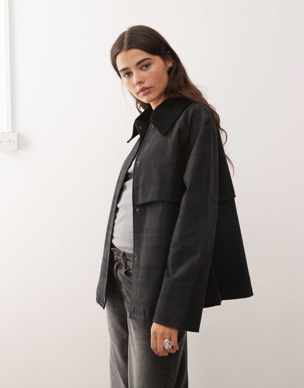 Reclaimed Vintage waxed cropped trench jacket with oversized cord collar in black check print