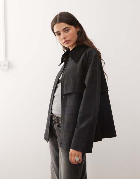 Reclaimed Vintage waxed cropped trench jacket with oversized cord collar in black check print 