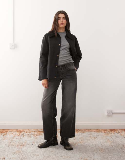 Reclaimed Vintage waxed cropped trench jacket with oversized cord collar in black check print