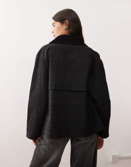 Reclaimed Vintage waxed cropped trench jacket with oversized cord collar in black check print