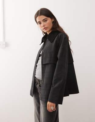 Reclaimed Vintage Waxed Cropped Trench Jacket With Oversized Corduroy Collar In Black