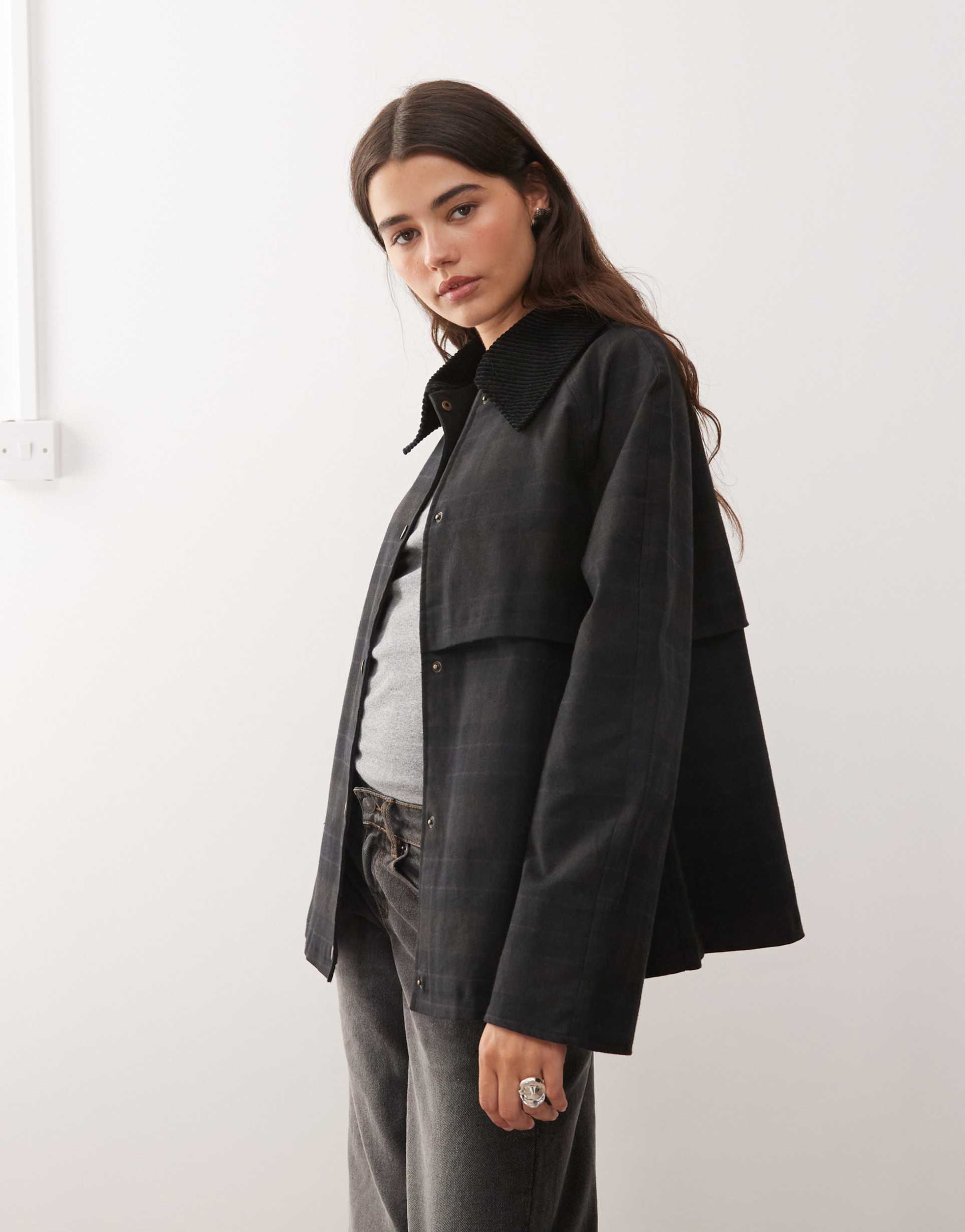 reclaimed vintage waxed cropped trench jacket with oversized corduroy collar in black plaid print
