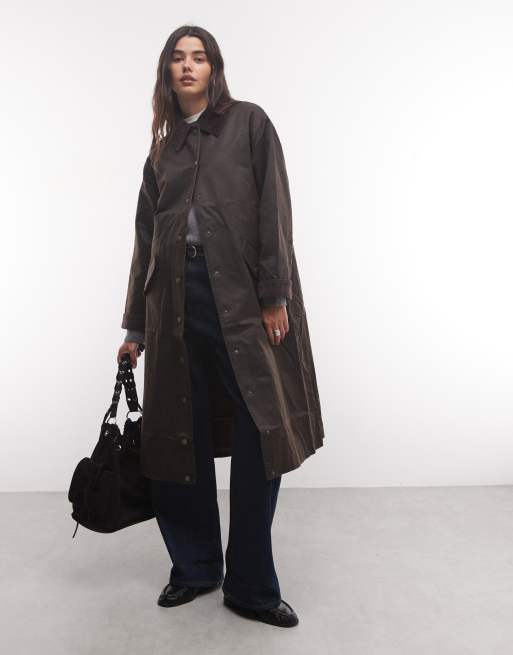 Reclaimed Vintage waxed longline mac in brown, 1 of 4